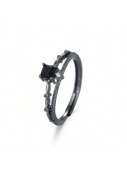 Onyx Square Ring – Black Cubic Zirconia Inlay for Couples
